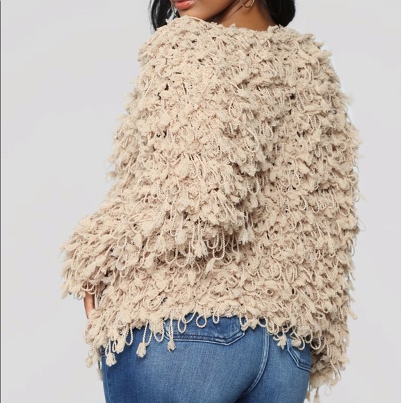 Tan Fringe teddy fuzzy cardigan jacket - Picture 3 of 4